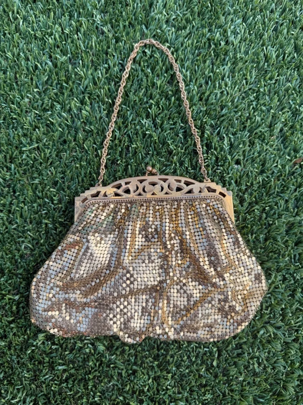 VTG 1940s Whiting Davis Gold Mesh Flapper Bag Purse Brass Pierced Frame USA NICE